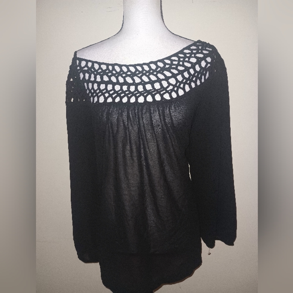 Umgee Black Crochet Detail Sheer Top SZ2XL
